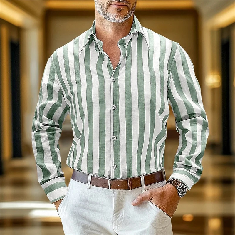 Mens Shirts Linen Shirts Summer Shirts Stripes Business Casual Everyday Yellow Pink Navy Green Long Sleeves Lapel Clothing 6XL 251020