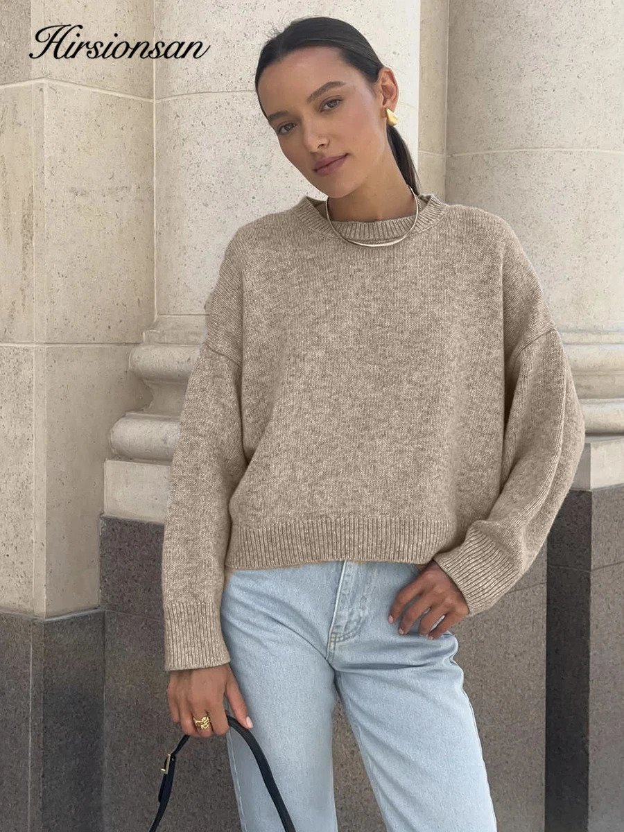 Hirsionsan Basic O Neck Basic Sleeve Sweater Women 2025 Oversized Short Knitted Pullovers Female Casual Thick Warm Soft Tops 251023
