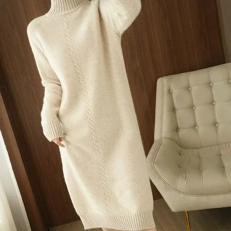 Thick Dress Warm Wool Long Sweater Women Autumn Winter HighNeck OverTheKnee Cashmere Knit Dress Large Size Base Shirt 251023