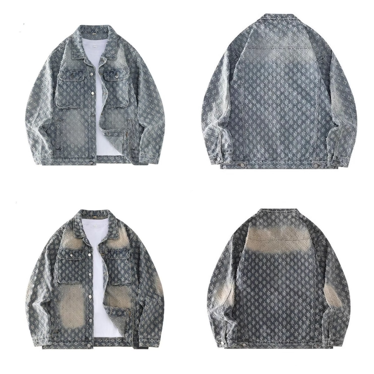 Men's Denim Washed Jacket Jacquard Pattern High street Loosen Fit Vintage design Coats COTTON Jackets Tops Males Casual Winter Clothes Asian Size