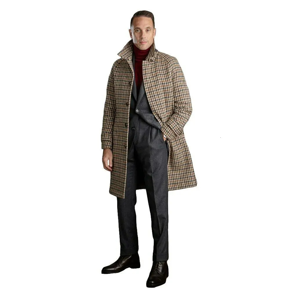 Long Woolen Men Coat Literature Art Retro Plaid Singlebreasted Lapel Thick Autumn Winter Warm Tailored 251017
