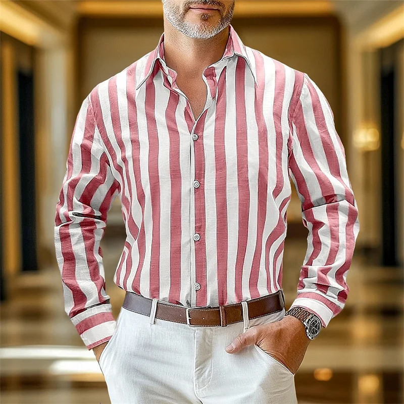 Mens Shirts Linen Shirts Summer Shirts Stripes Business Casual Everyday Yellow Pink Navy Green Long Sleeves Lapel Clothing 6XL 251020