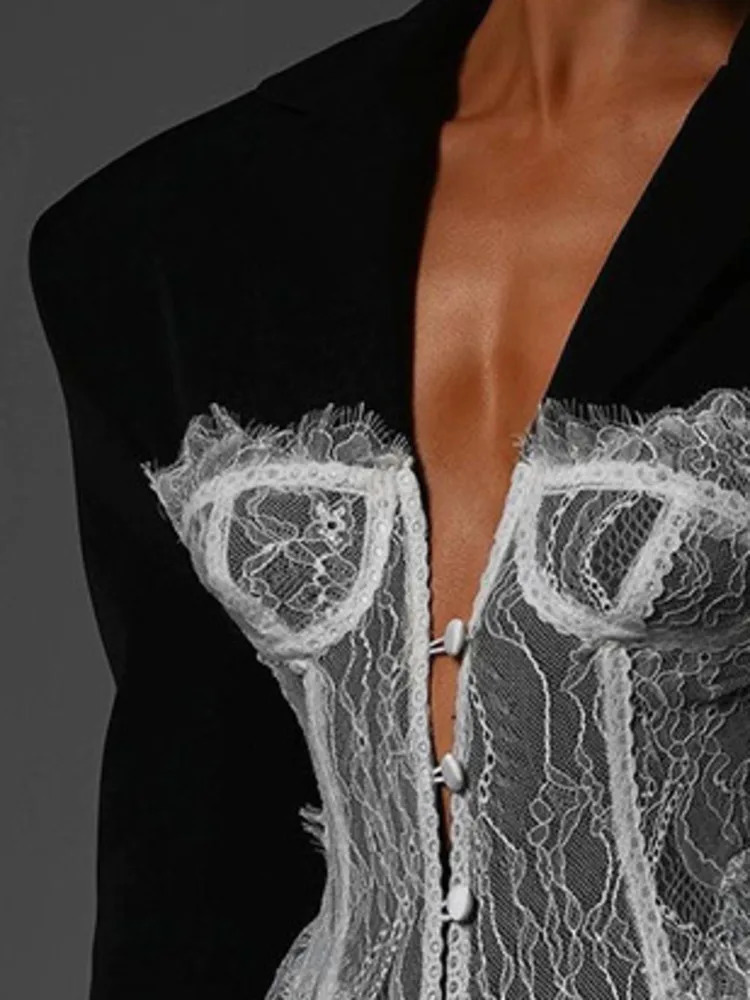 ZMEENNA Spring Womens Black Blazer With Delicate White Lace Corset Overlay Structured Shoulders ZM954 251024