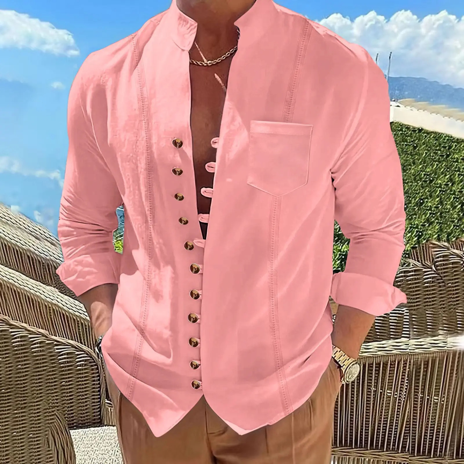 Mens cotton and linen pocket retro standup collar longsleeved shirt Casual multibutton solid color striped cardigan 251023