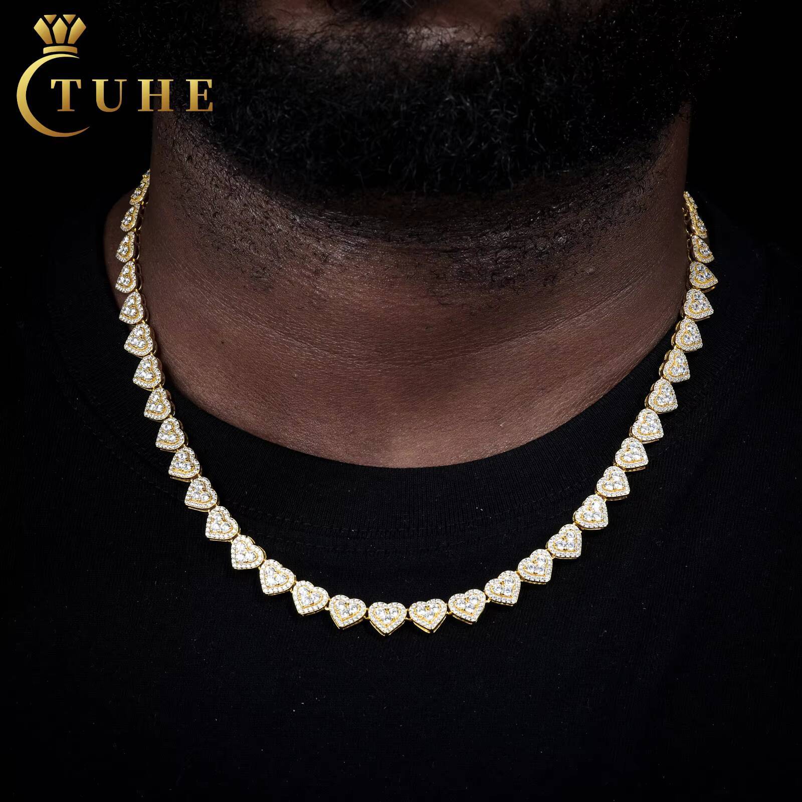 Luxury Party Jewelry 8MM Gold Plated 925 Sterling Silver VVS Moissanite Diamond Valentine Gifts Heart Tennis Chain Necklace