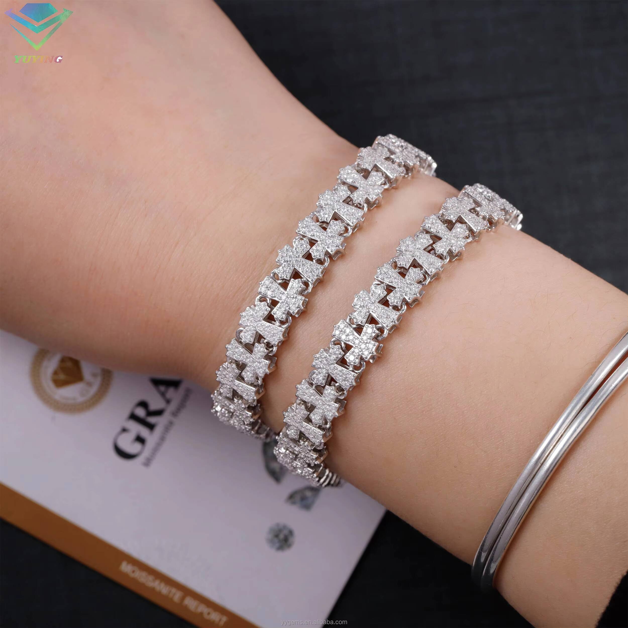 New Fine Jewelry Bracelet Cross Cuban Moissanite Bracelet S925 Silver White Gold Plated Fashion Cross Bracelets