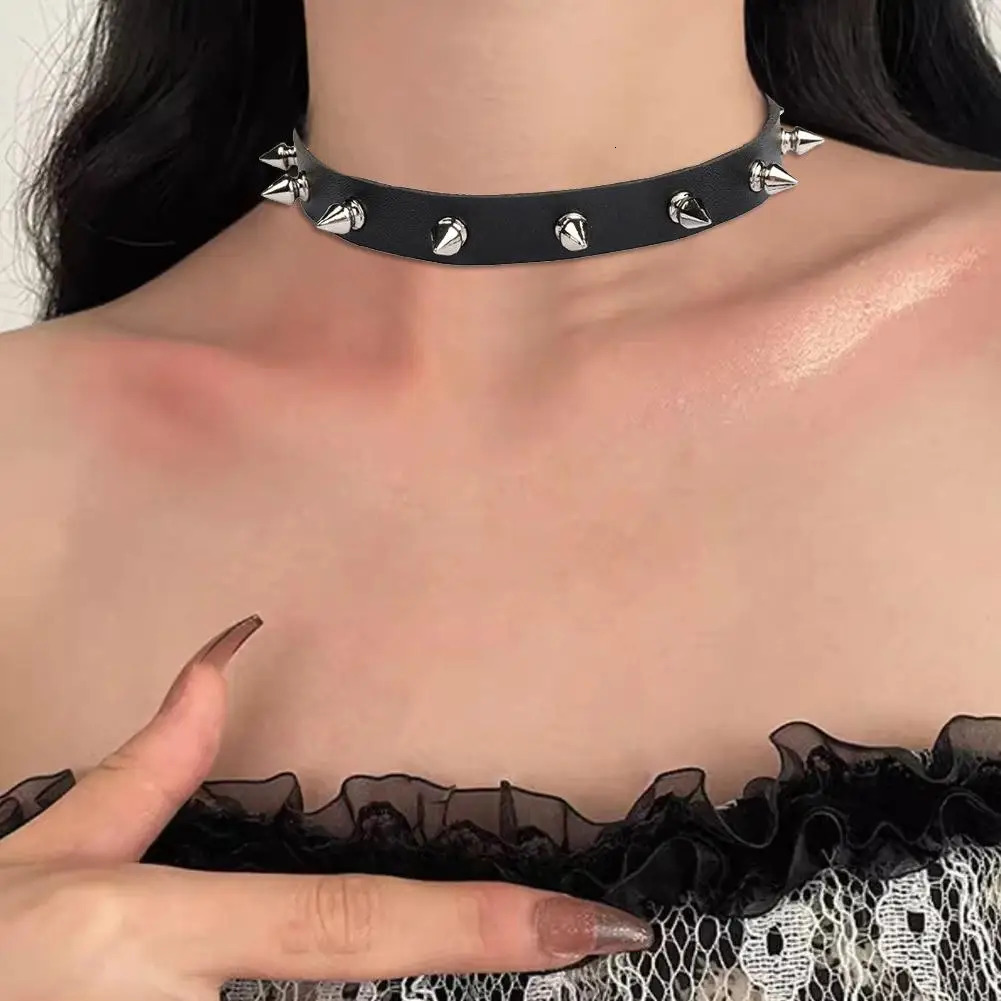 Black PU Leather Choker Necklace For Women Men Cool Punk Gothic Spike Biker Choker PU Leather Collar Studded Rock Necklace D4X5 251023