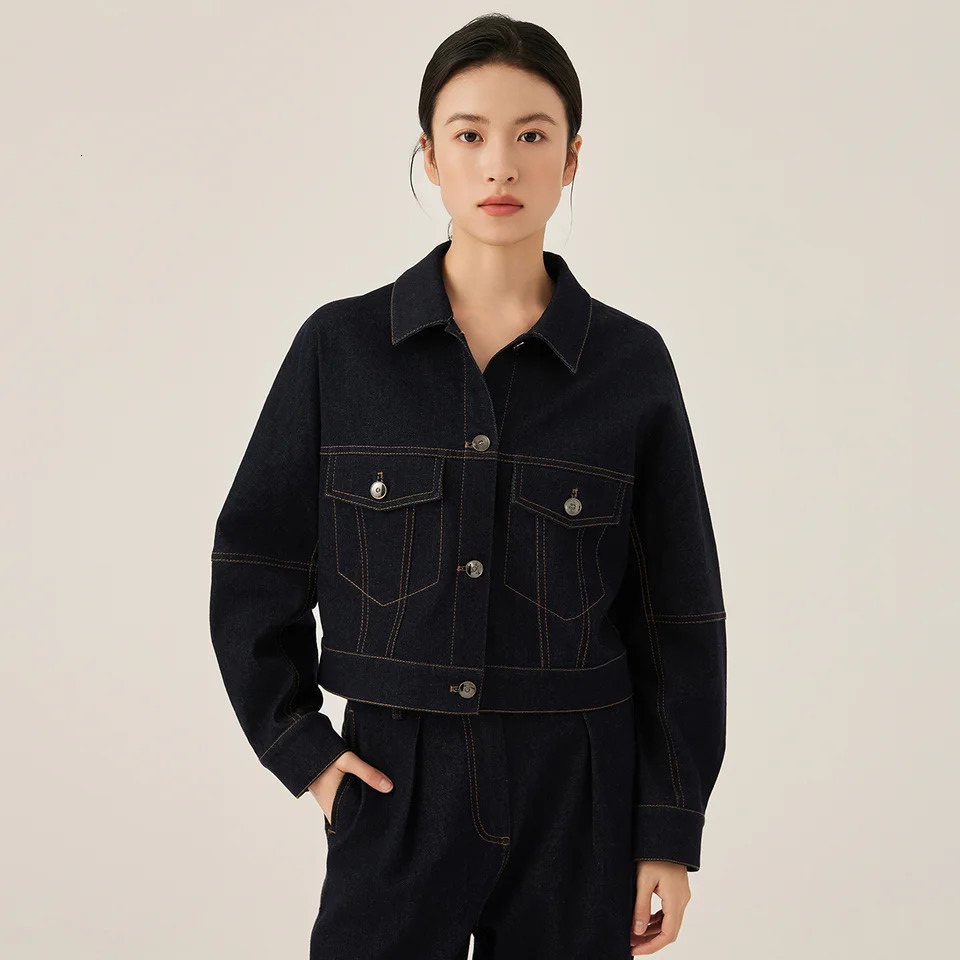 KL7523357 Womens Classic Dark Denim Jacket Long Sleeved Button Front Closure Chest Pockets Fall Fashion 251020