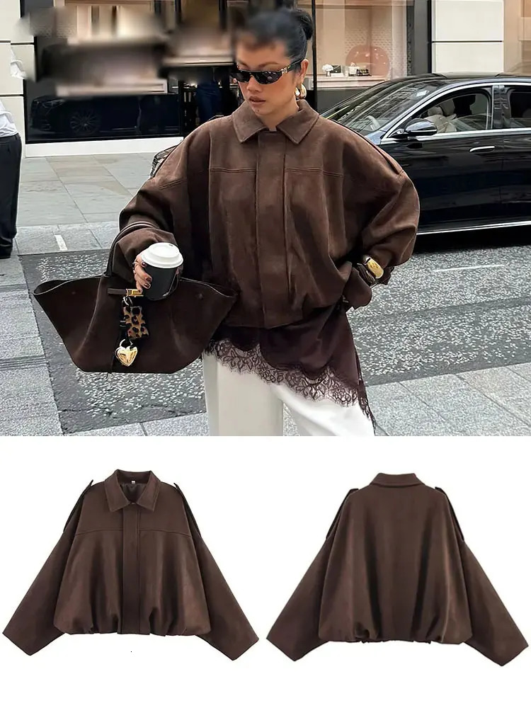 Vintage Womens Suede Bomber Jacket Solid Long Sleeves Lapel Zipper Coats Autumn Chic Streetwear Casual Lady Outwear 251020