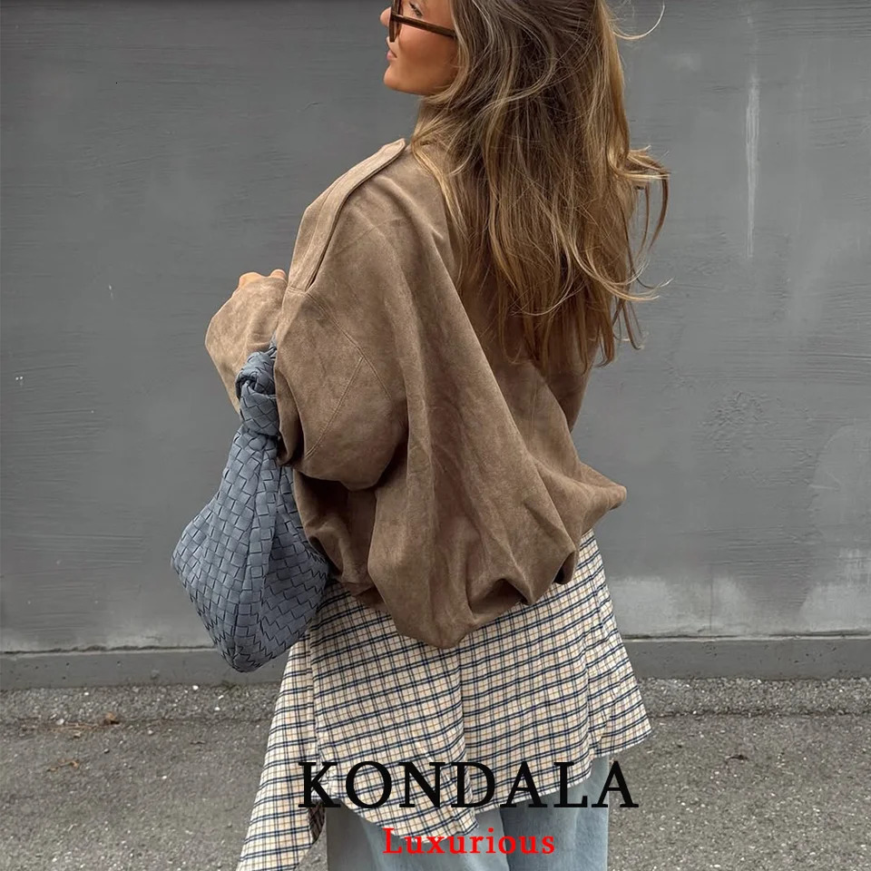 KONDALA Casual Chic Khaki Suede Bomber Jackets Women Long Sleeve Zipper Oversized Coats Fashion Fall Winter Outwears 251020