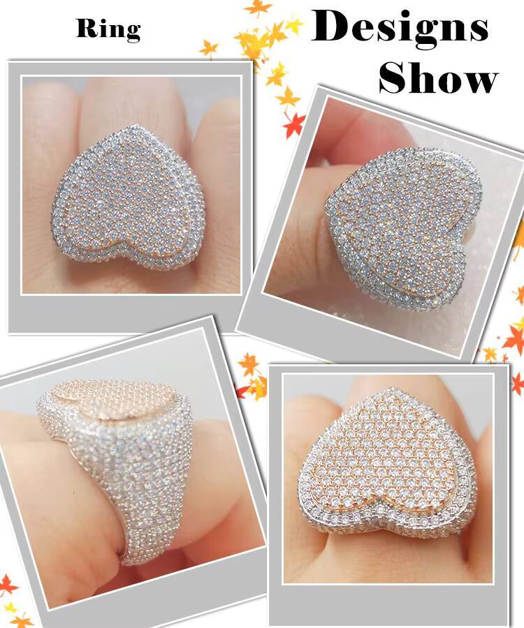 Newest Designs Solid Sterling Silver Mens Heart Shape Iced Out Moissanite Diamond Hiphop Rings
