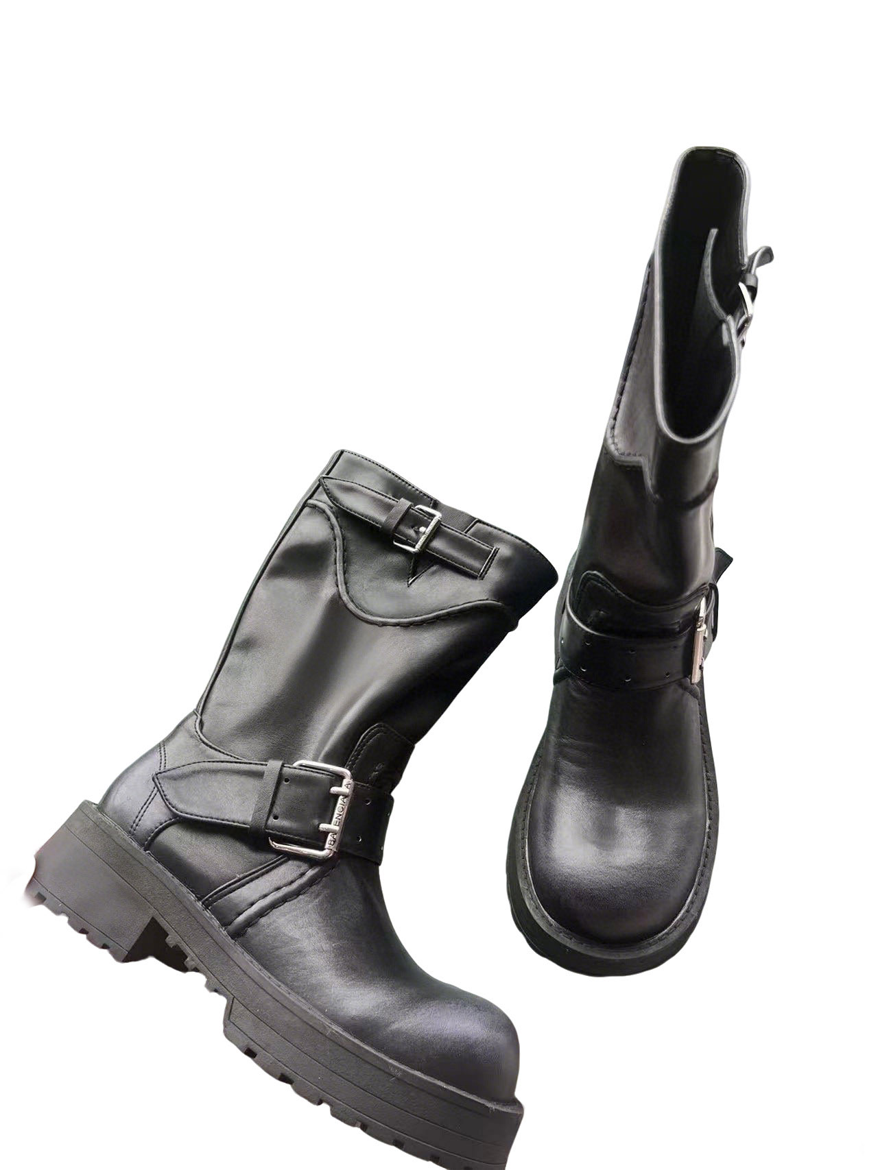 Best Quality Designer Leather Boots Thick Heel Knee Booties Belt Buckle Cowhide Slip On Motorcycle Boots Ladies Shoes Combat Boots