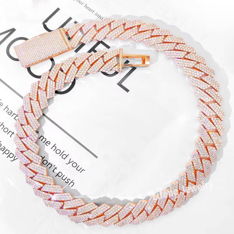 High Quality 18MM 3 Rows VVS Moissanite Necklace Rose Gold Plated Cuban Chain Stylish Hiphop Style for Men and Women