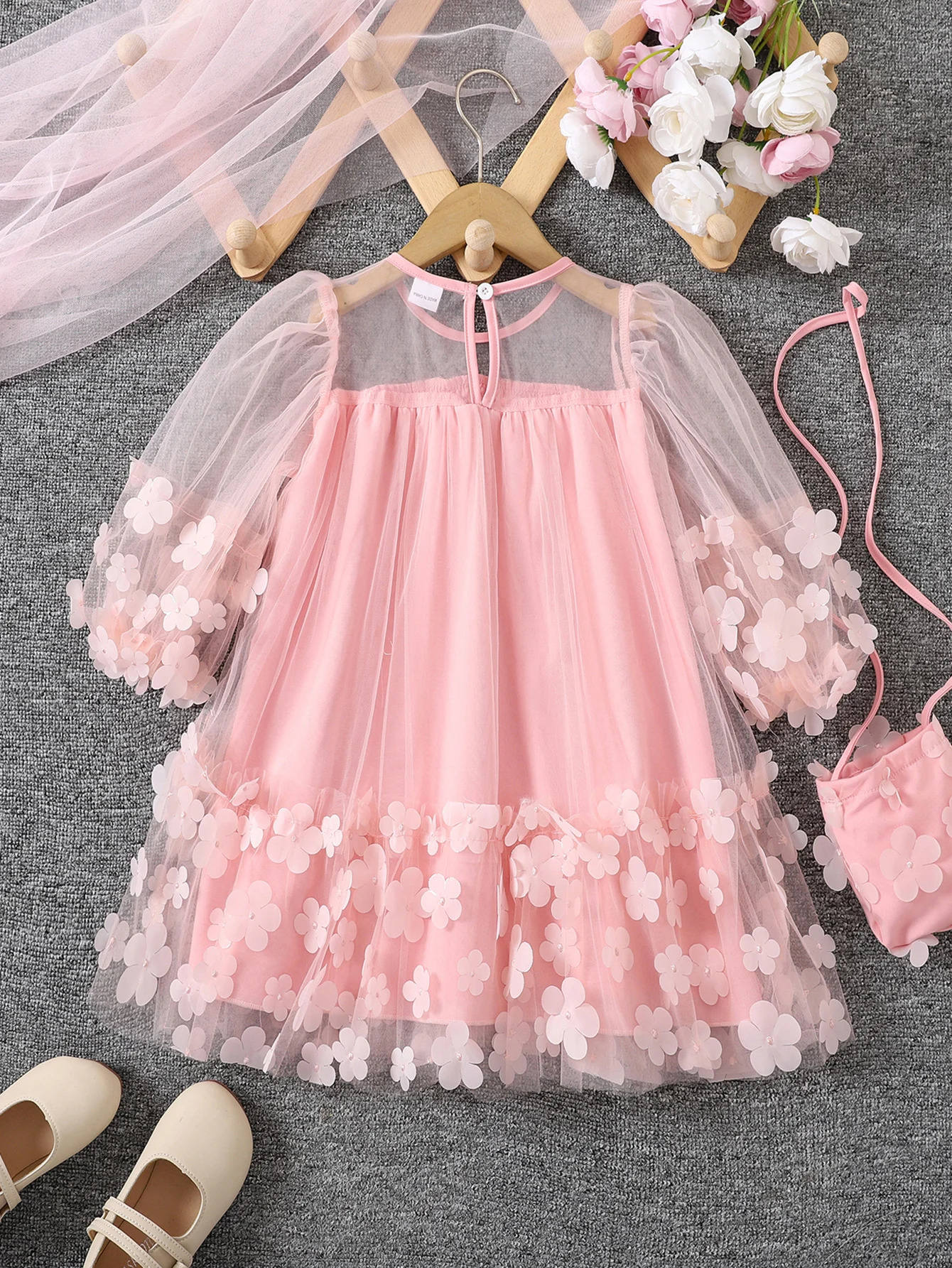 Girls Spring and autumn gauze Mosaic threedimensional flower fashion princess dress with bag dress 251023