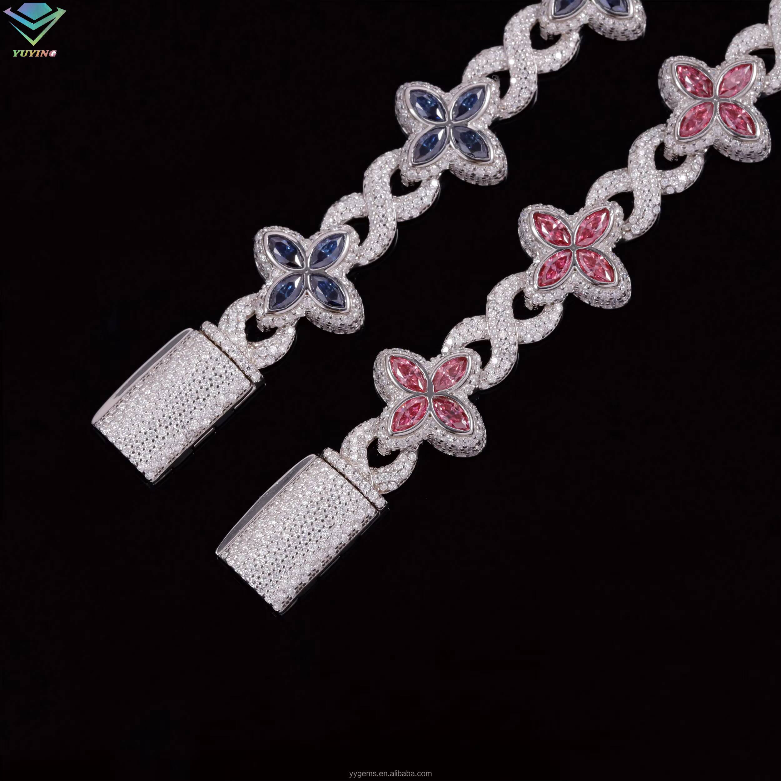 Yu Ying New Trends Pink Marquise Moissanite Diamonds Gold Plated 925 Sterling Silver Four Leaf Clover Infinity Bracelets Jewelry