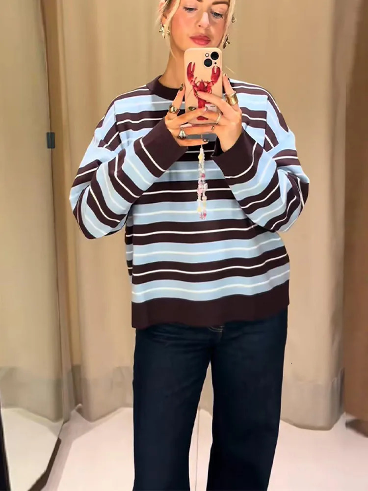 Womens Striped Crew Neck Knitted Sweater Oneck Full Sleeve Blue Brown White Top 2025 Autumn Female Casual Comfortable Pullover 251023