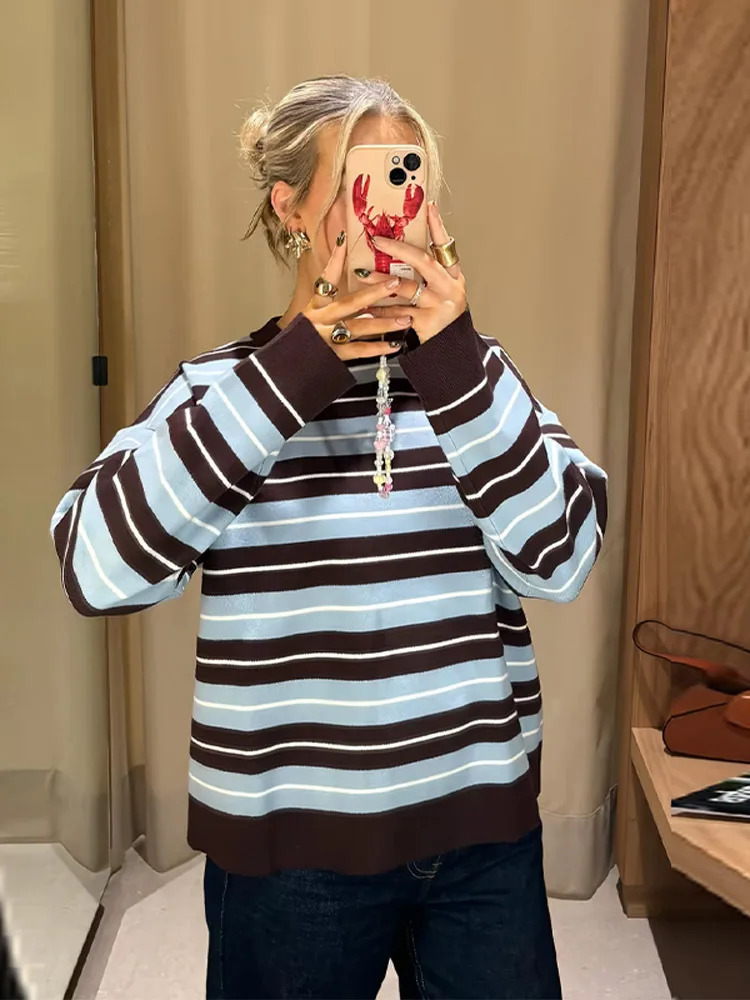 Womens Striped Crew Neck Knitted Sweater Oneck Full Sleeve Blue Brown White Top 2025 Autumn Female Casual Comfortable Pullover 251023
