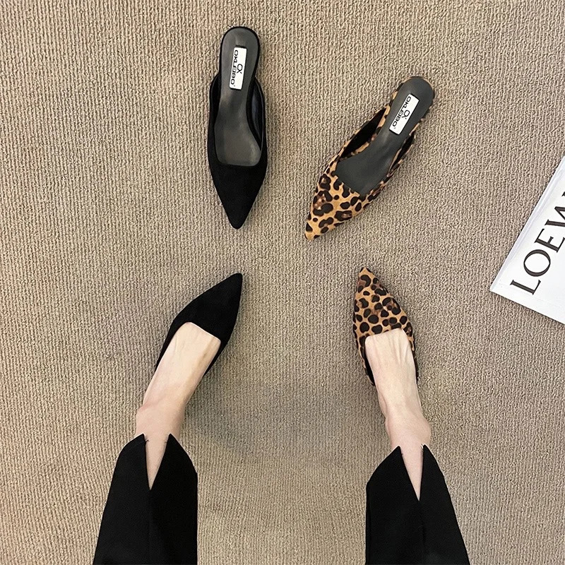 Women Slippers Pointed Toe Leopard Shallow Slip on Thin Low Heels Black Flock Casual Mules Loafers Black Outdoor 251023
