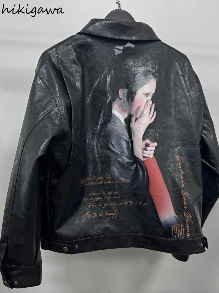 Harajuku PU Women Jackets Autumn Winter Clothes Print Vintage Outwear Streetwear BF Casual Fashion Y2k Tops Korean Leather Coats 251020