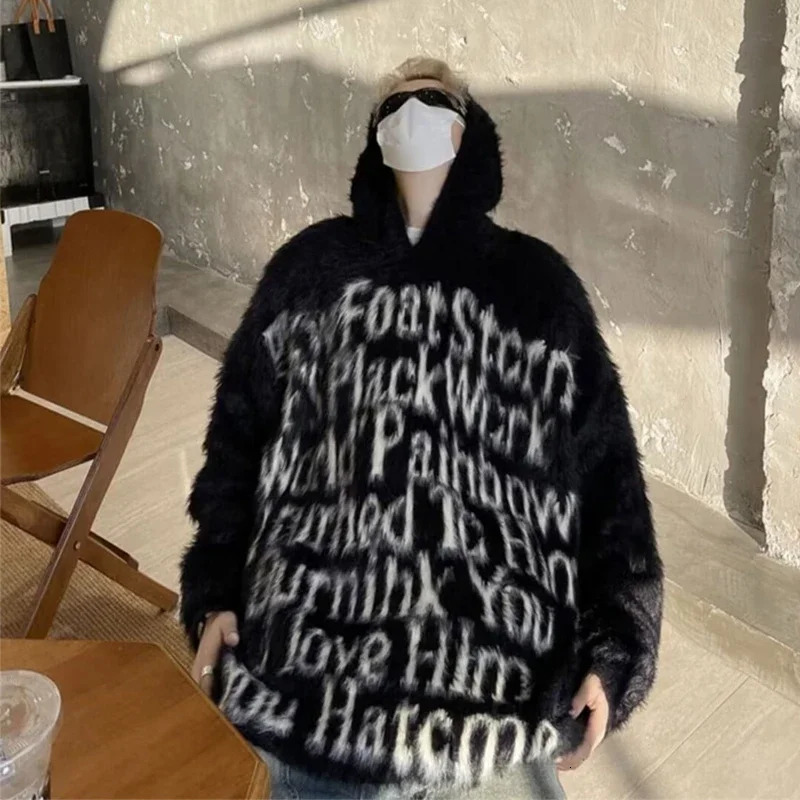 American Goth Fashion Hooded Sweater Mens Hip Hop Letter Jacquard Knitted Pullovers Y2K Streetwear Loose Jumpers Man 251020