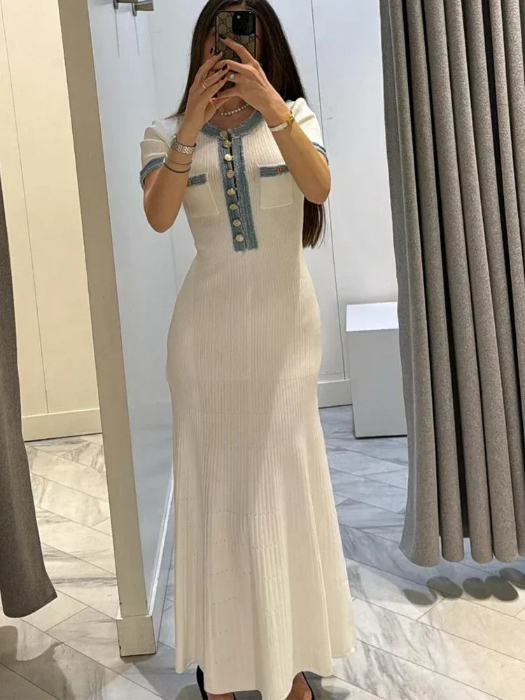 Elegant V Neck Denim Patchwork Knitted Long Dress Women Fashion Short Sleeved Buttons Bodycon Dresses Office Lady Pockets Robes 251023