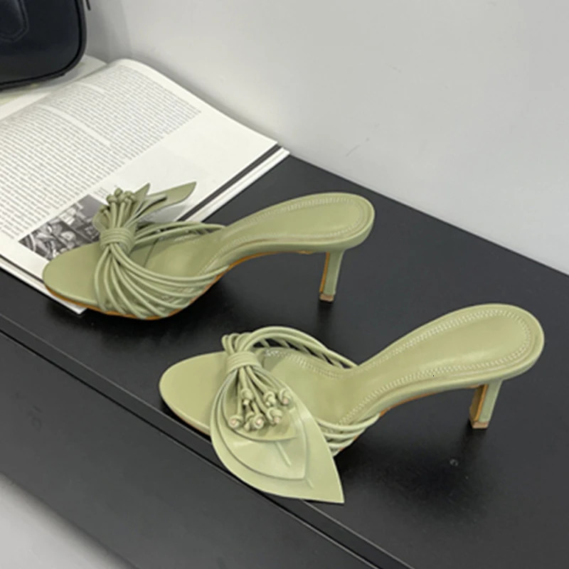 Liyke Women Green Leaf Narrow Band Summer Slipper Sandal Street Fashion Open Toe Mules Thin Low Heels Party Dress Shoes 251023