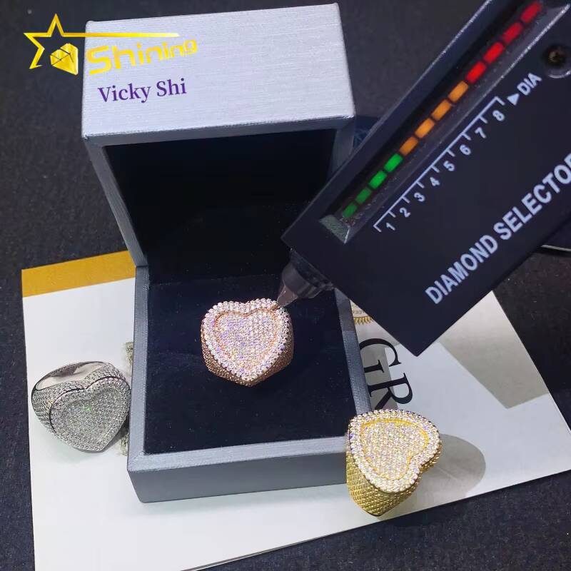 Pass Diamond Tester 925 Silver Hip Hop Heart Style Moissanite Diamond Ring Custom Fine Jewelry Rapper Ring