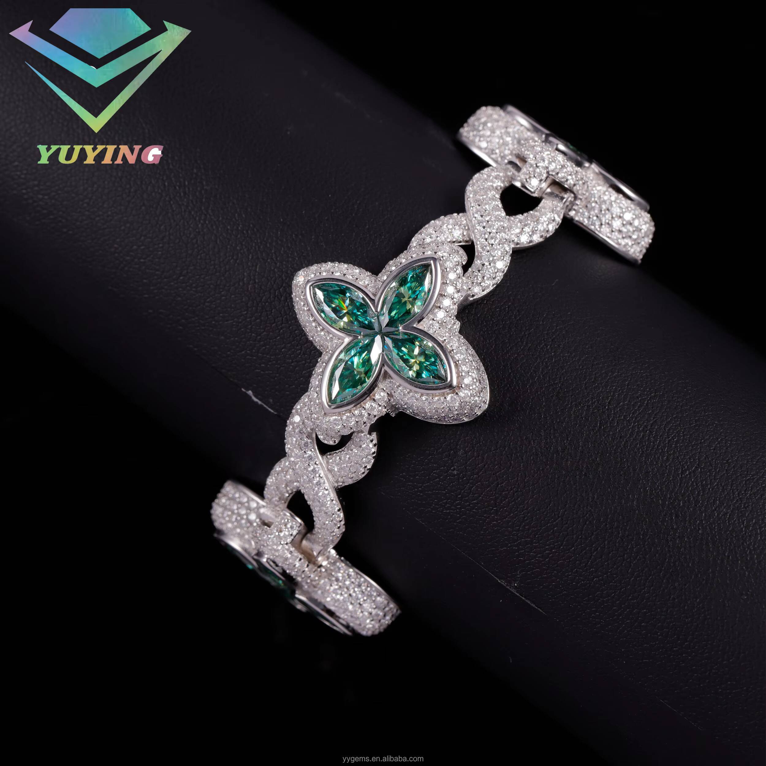 Yy New Arrived Iced Out Clovers Moissanite Bracelets Cuban Chain 925 Sterling Silver Fine Jewelry Bracelets for Men Women