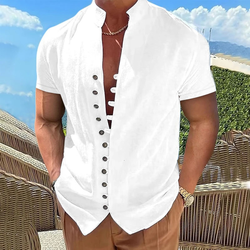 Summer Short Sleeve Shirts For Men White Formal Shirt Social Dress Shirts Casual Cotton Linen Tops Beach Blouses Man Clothing 251023