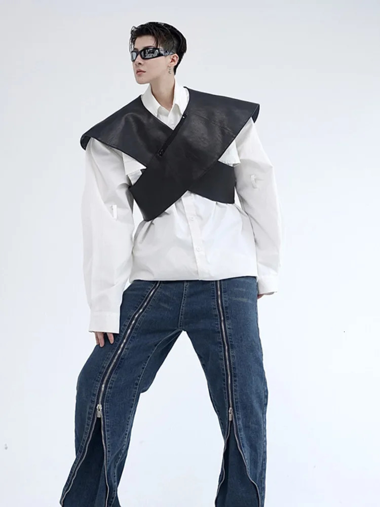 SYUHGFA Men Clothing Autumn Personalized PU Leather Waistcoat Trend Waistcoat Korean Streetwear Mens Short Vest 251024