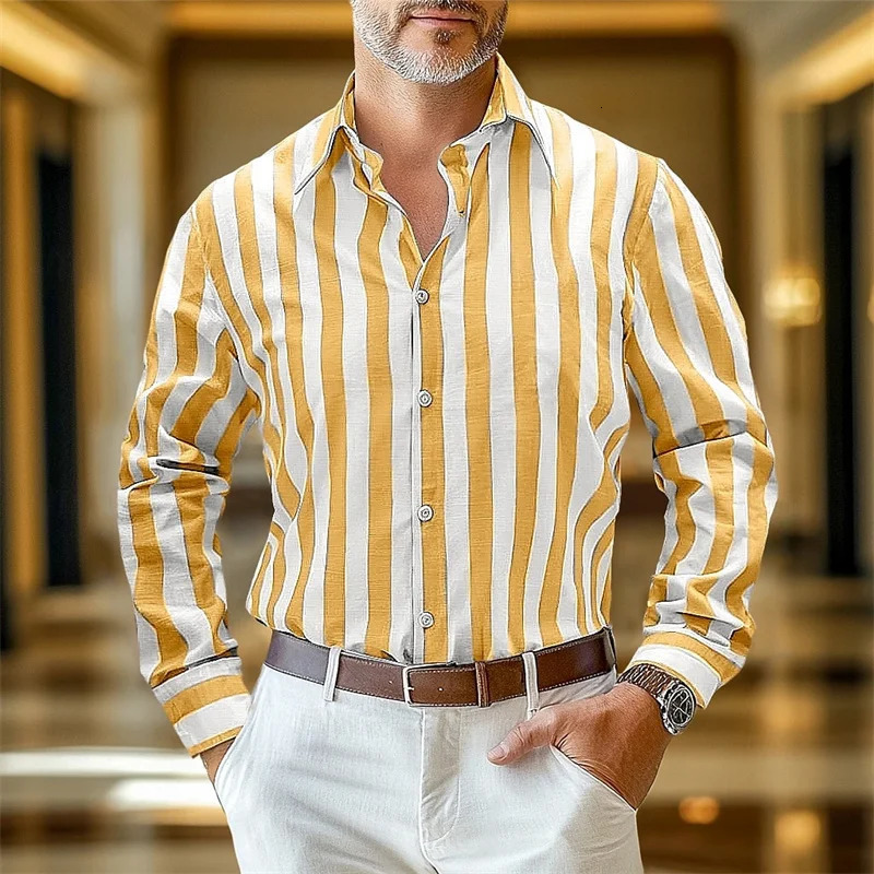 Mens Shirts Linen Shirts Summer Shirts Stripes Business Casual Everyday Yellow Pink Navy Green Long Sleeves Lapel Clothing 6XL 251020