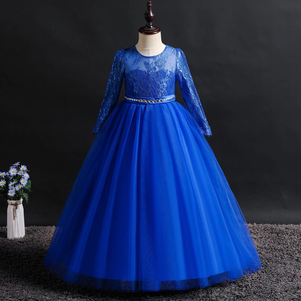 Long sleeved girls fluffy skirt with lace and diamond flower child wedding dress bridesmaid dress for 3 to 12 Year 251023