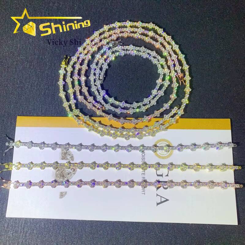 Worldwide Shipping Hip Hop Jewelry S925 Silver Gold Plated 3mm Cross Necklace VVS Moissanite Tennis Chain