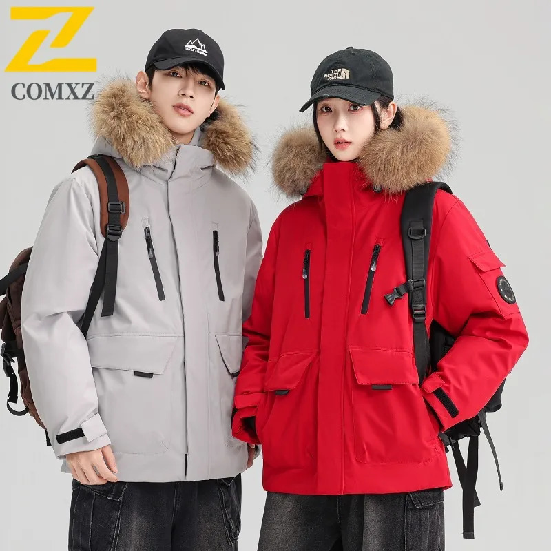 COMXZ Winter Down Jacket Men Women Highquality Warm Fluffy Fur Collar White Duck Down Coat Parkas Korean Hooded Ski Puffer 251020