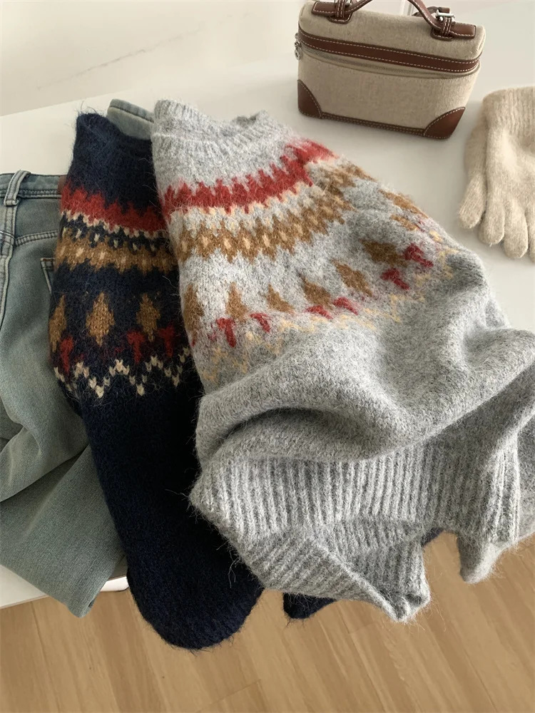 Contrasting Jacquard For Women Loose Casual Thick And Warm 24autumnwinter Wool Knit Sweater 251023