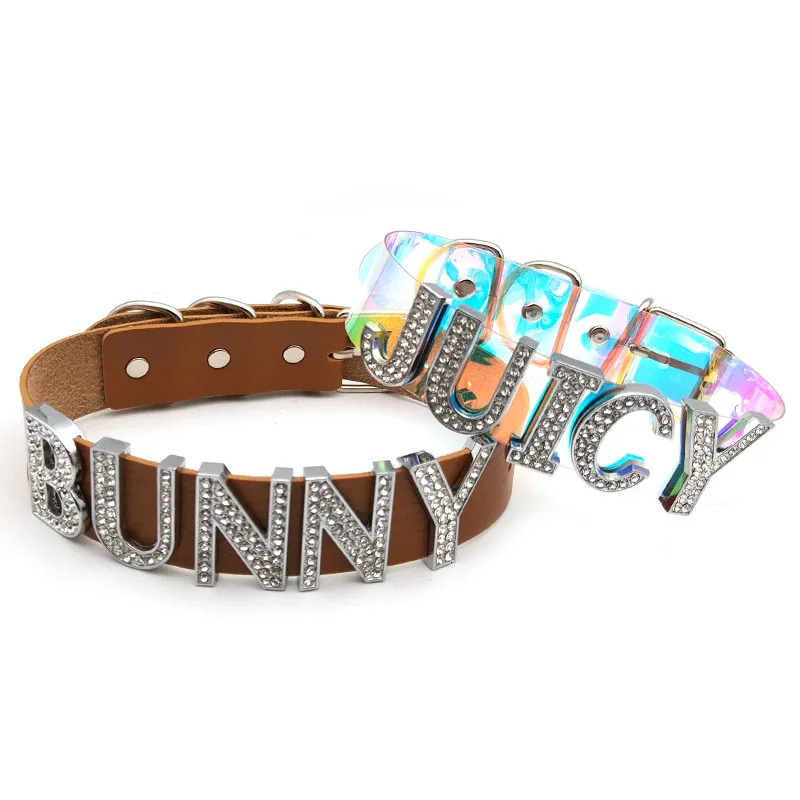 30MM Sexy Punk Rhinestone Letters Customized Collar Choker Necklaces Men Women Goth BDSM Role Age Cosplay Chocker Party Jewelry 251023
