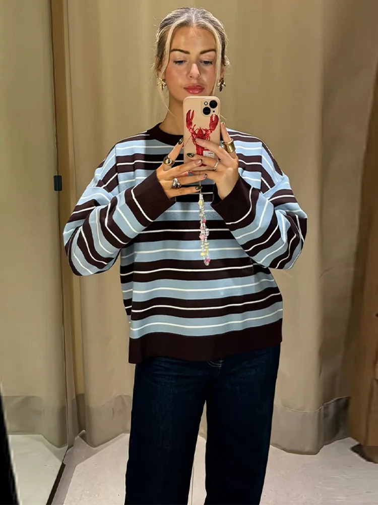 Womens Striped Crew Neck Knitted Sweater Oneck Full Sleeve Blue Brown White Top 2025 Autumn Female Casual Comfortable Pullover 251023