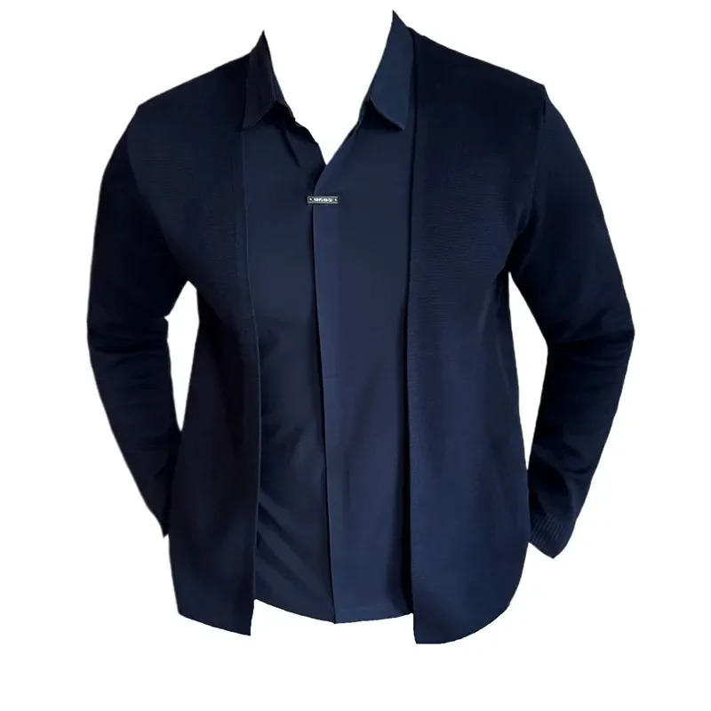 Autumn 2 Pieces Knitted Cardigan Traceless Shirt Collar Spliced Casual Pullovers Fashion Men Slim Sweater Coats 4XLM 251020