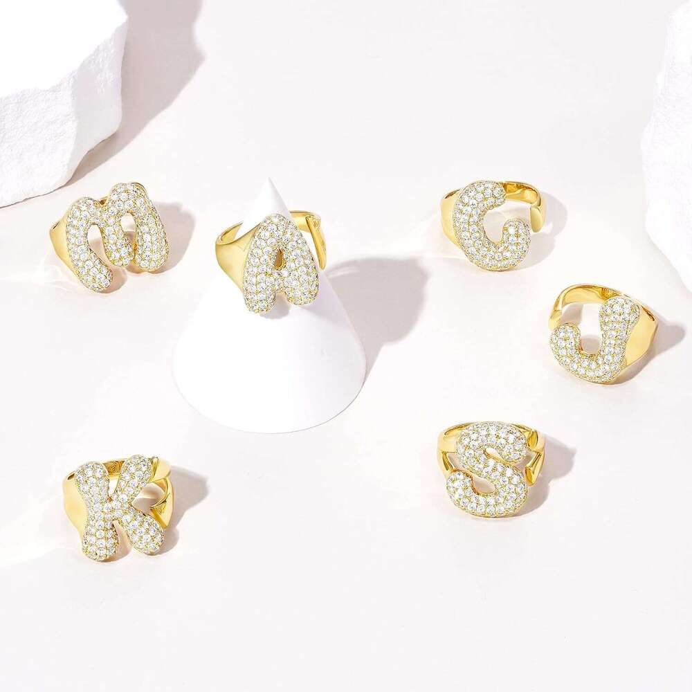 Bubble Initial Ring for Women, 14k Gold Plate Balloon Jumbo Letter Rings Open Adjustable Dainty Pave CZ Personalized Fashion Trendy Statement Jewelry 