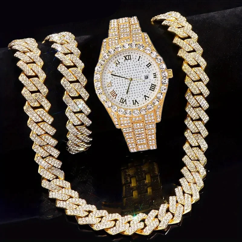 3pcsset NecklaceBraceletWatch Cuban Chain Watch for Men Hip Hop Miami Curb Iced Out Paved Rhinestone Rapper Cuban men Jewelry 251013