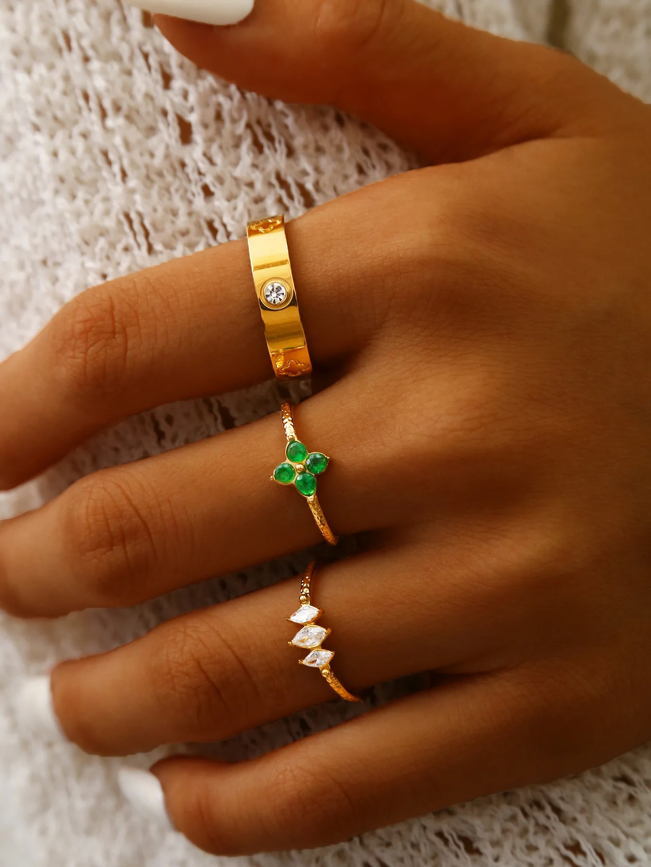 French Retro Elegant Premium Feeling Stainless Steel With Diamonds Love Heart Quatrefoil FlowerHorse Eye Shaped Ring For Women 251023