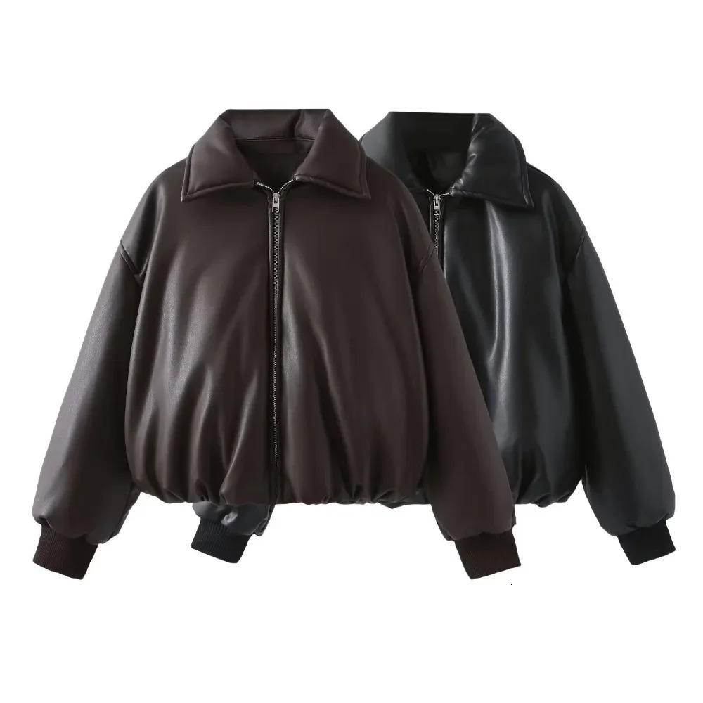 2024 Fall Winter Faux Leather Jacket for Women Oversized Streetwear Cotton Padded Parkas Short Bomber Coat Warm 251017