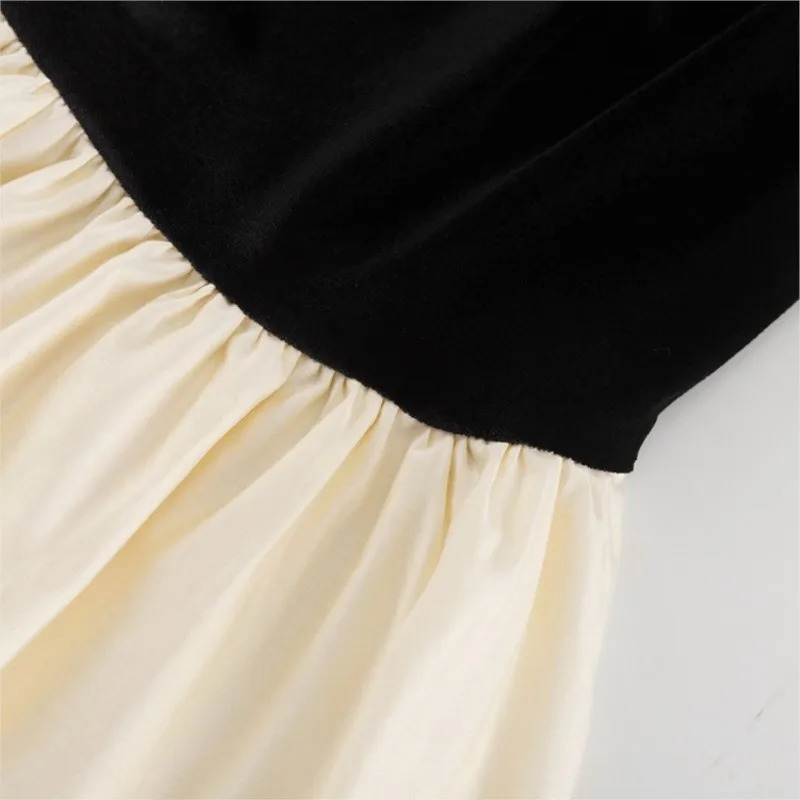 Fashion Oneck Patchwork Loose Mermaid Dress Womens 2025 Autumn Spring Solid Flare Sleeve Temperament Dresses Female Streetwear 251023