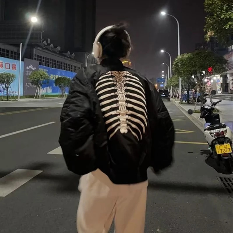 y2k Bomber Jackets Men Women Black Gothic Skeleton Harajuku Baseball Varsity Jacket American Vintage Autumn Outerwear 251023