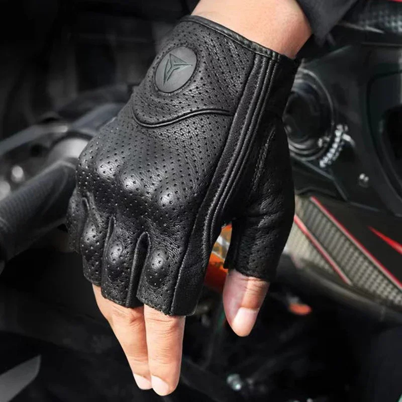 Half Finger Motorcycle Gloves Leather Guantes Moto Cycling Fingerless Gloves Retro Gloves Breathable Summer Gloves 251022