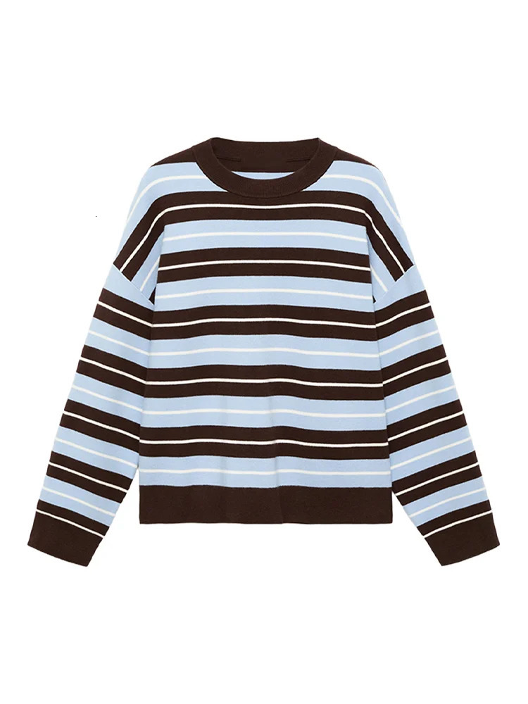 Womens Striped Crew Neck Knitted Sweater Oneck Full Sleeve Blue Brown White Top 2025 Autumn Female Casual Comfortable Pullover 251023