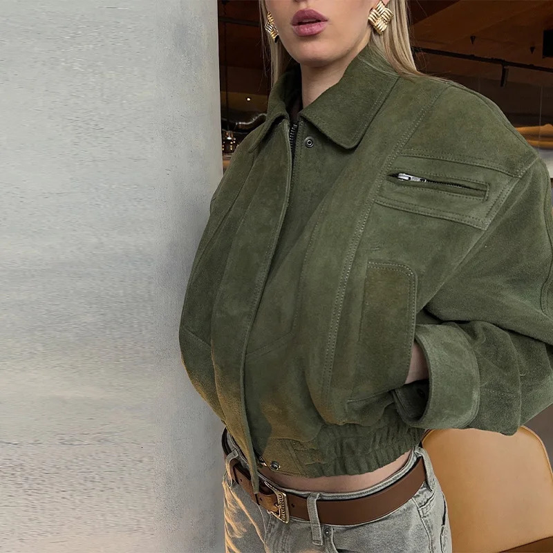 Vintage Suede Jacket For Women Long Sleeve Pocket Turndown Collar Zipper Short Coat Autumn Winter Streetwear Lady Outwears 251020
