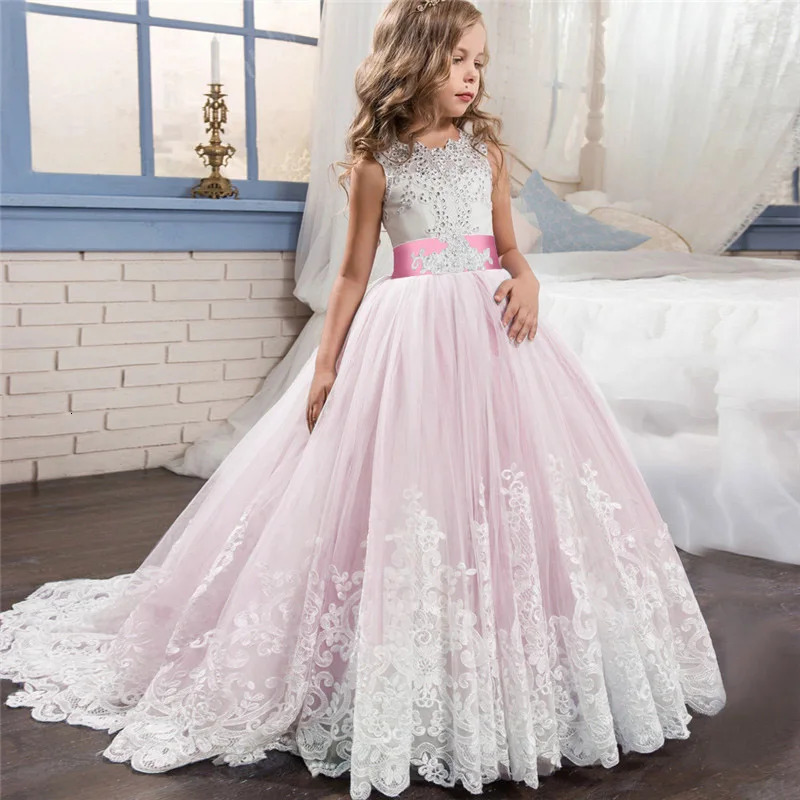 Trailing White Lace Kids Wedding Dress For Girls First Communion Evening Bridesmaid Dresses Children Girl Princess Party Dresses 251023