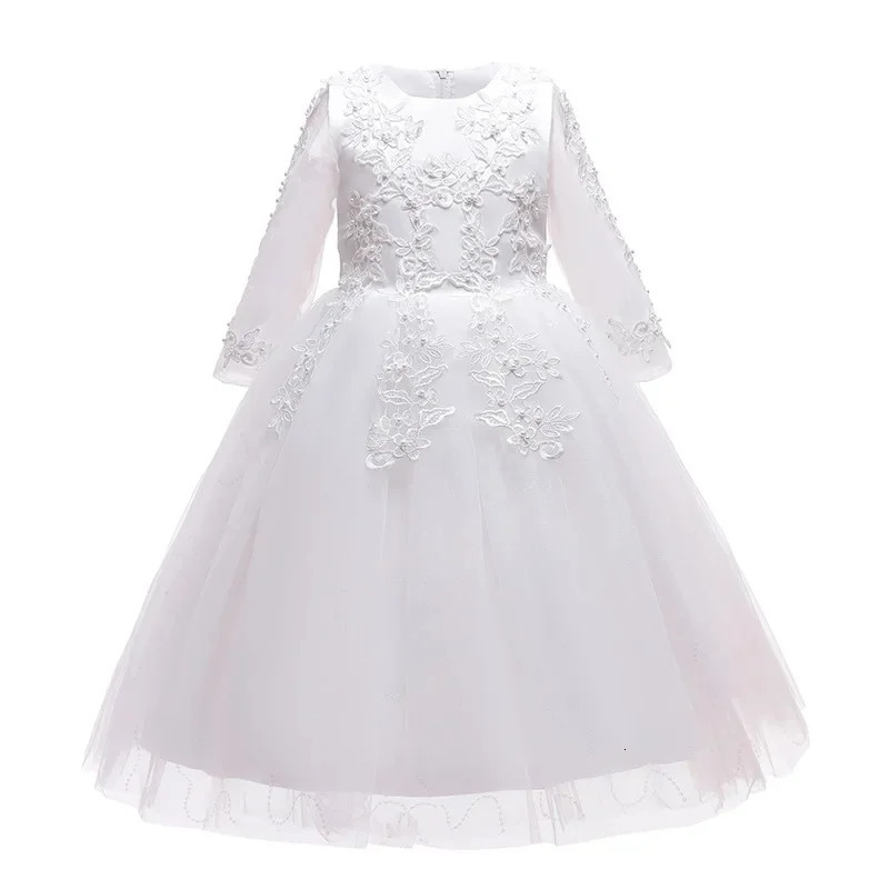 Flower Girl Wedding Long Sleeve Bridesmai Dress Teenage Girls White Baptismal Clothes Kids Birthday Party Princess Dress Easter 251023