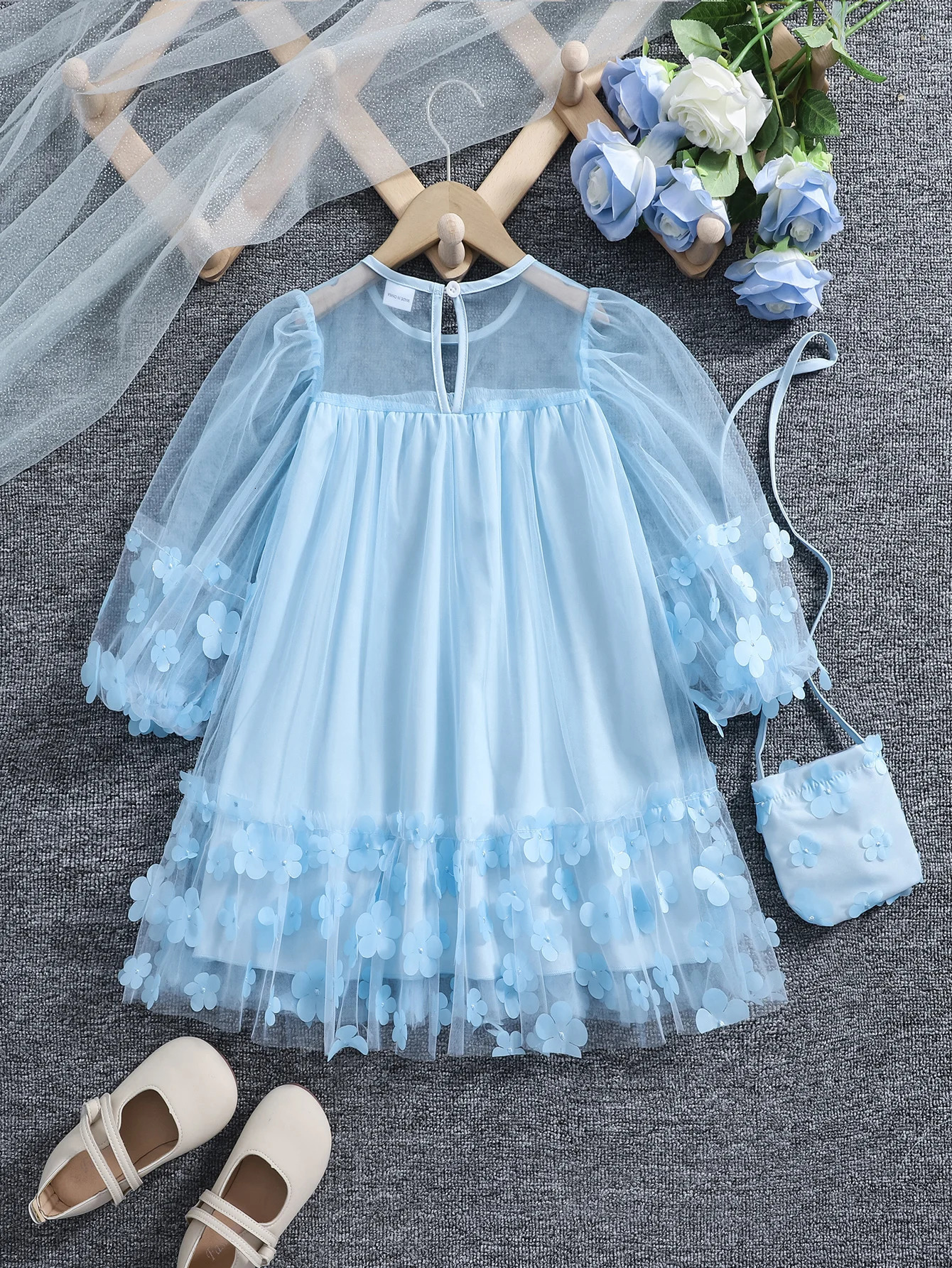 Girls Spring and autumn gauze Mosaic threedimensional flower fashion princess dress with bag dress 251023